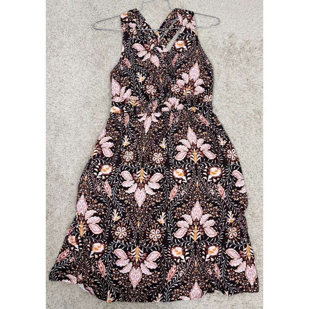 Soma Brown And Orange Floral Sleeveless Cross Back Midi Built In Bra Dress Sz M